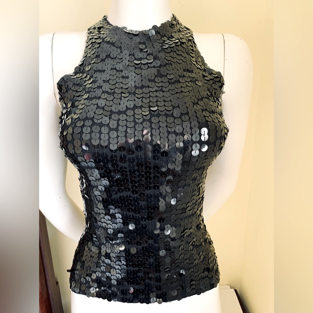 Shiny Black knit tank top fully sequined front halter neck elastic fit US S-M